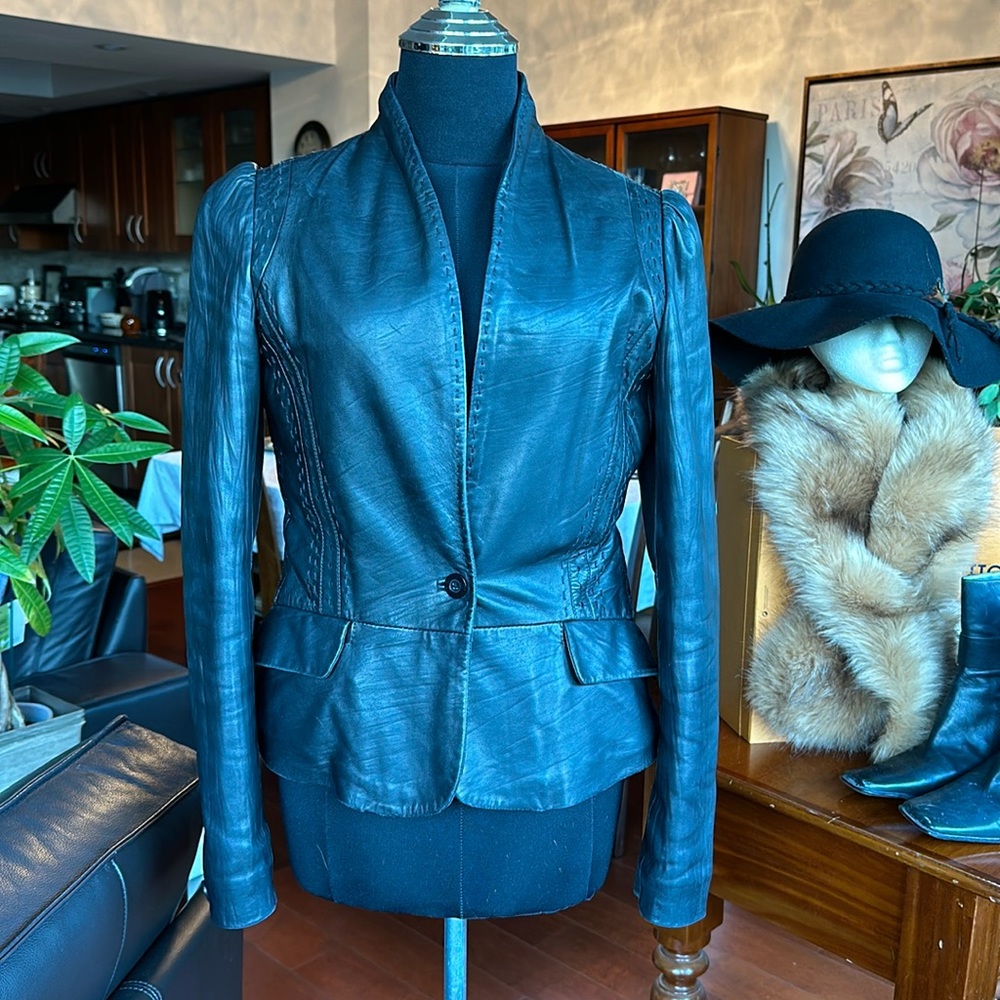 Just Cavalli Black Leather blazer jacket Small Size 40 quilted interior Y2K